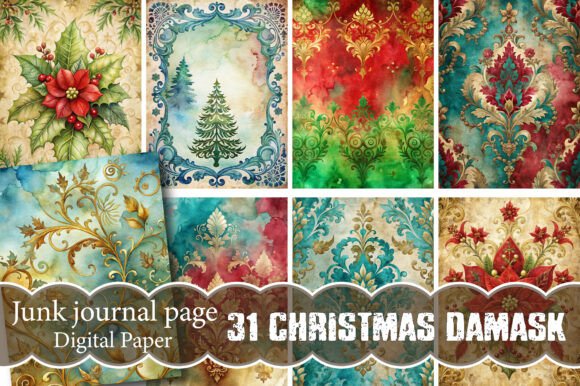 Christmas Damask Junk Journal Pages