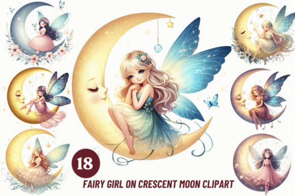 Fairy Girl on Crescent Moon Clipart Png