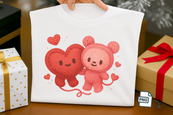 Faux Crochet Heart Bear Pair PNG