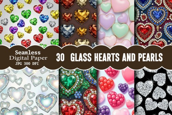 Glass Hearts and Pearls Seamless Pattern